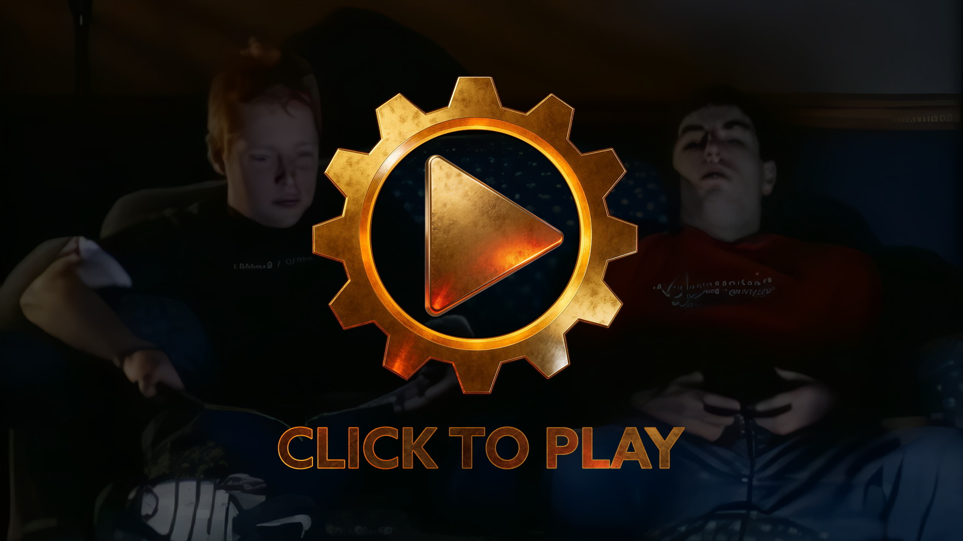 two guys on a couch playing video games play button.